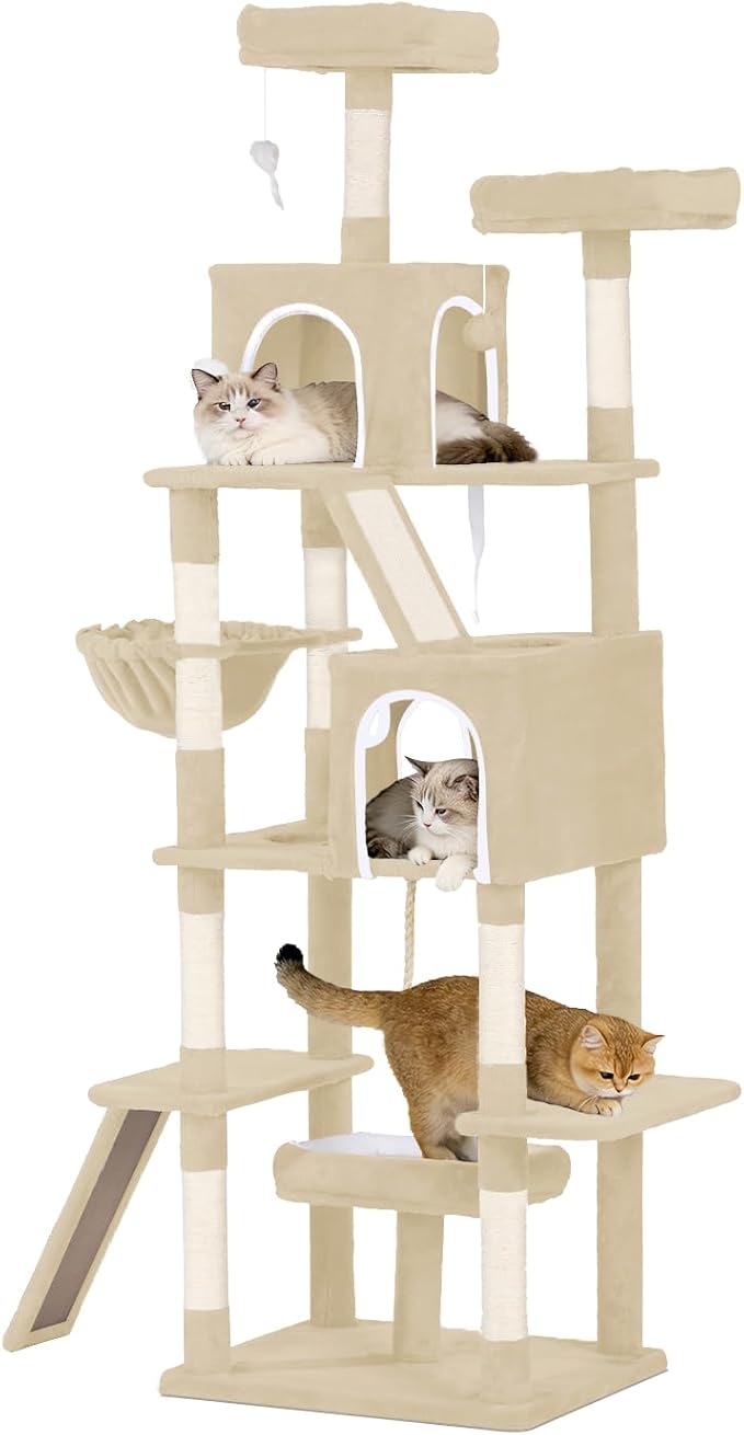Multi-Level Cat Tree with 2 Cozy Condos, 89" Tall Cat Tower for Large Cats, Heavy Duty, Scratch Posts & Perches (Beige)