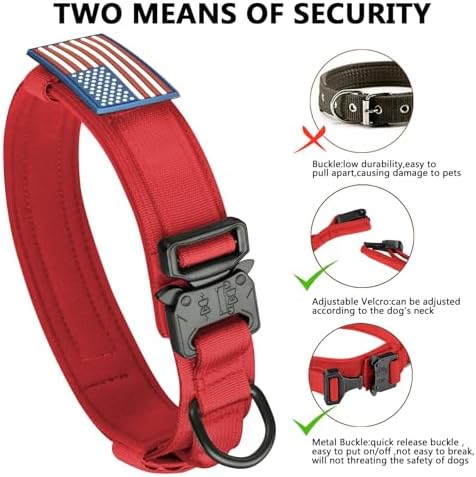 DAGANXI Tactical Dog Collar, Adjustable Military Training Nylon Dog Collar with Control Handle and Heavy Metal Buckle for Medium and Large Dogs, with Patches and Airtags Case (Red, L)