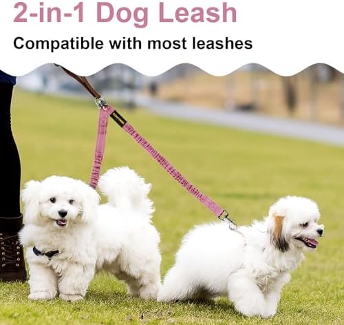 MingXpet 2 Dog Leash, Dog Leash for 2 Dogs, 360° Swivel No Tangle Double Walking Training Leashes for Large Dogs that Pull, Comfortable Shock Absorbing Reflective Bungee, Pink