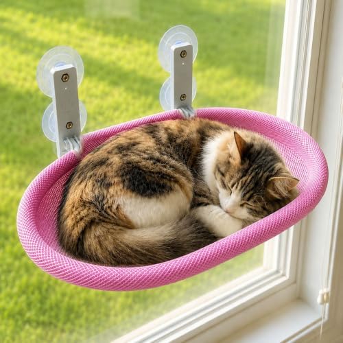 Foldable Cat Window Perch with Suction Cups & Pink Breathable Mesh Cover