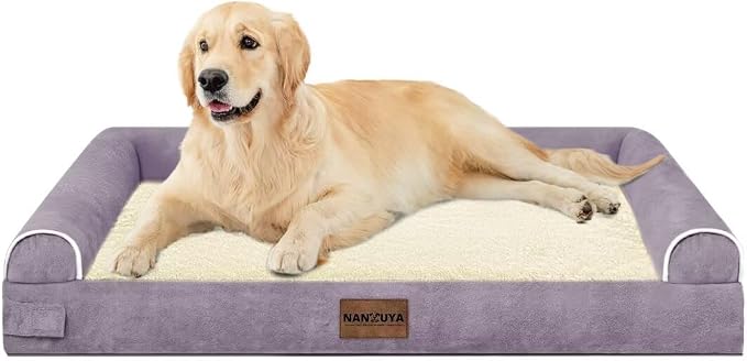 NANUYA Orthopedic Dog Bed for Large Dogs, 36 x 27 Inch, Purple | Egg crate foam for joint support, 3-sided bolster pet sofa, waterproof lining, washable cover, and non-skid base