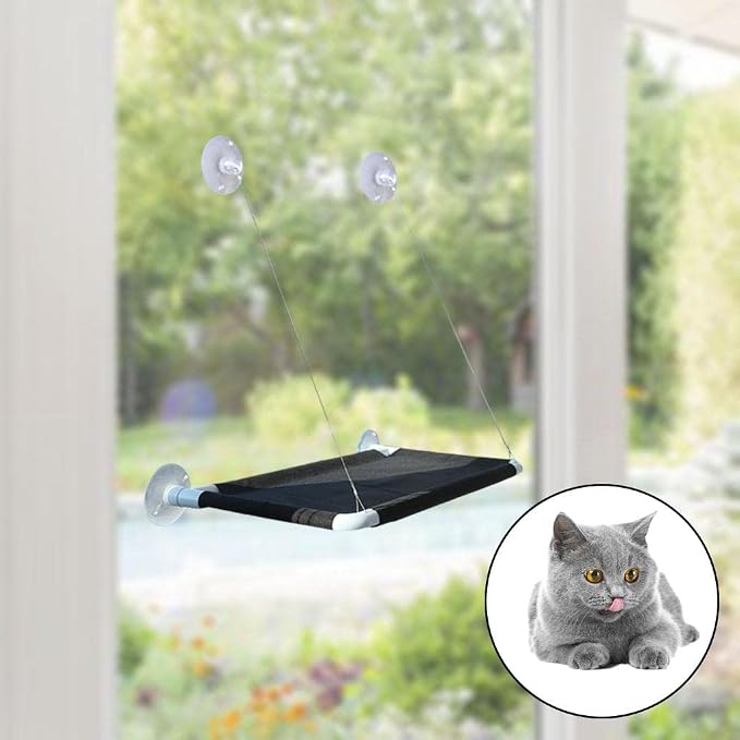 Cat Hammock Window Seat Mesh Shelf Indoor Cat Perch Rugged Hanging Bed Removable Quick Sturdy Suction Cups Suitable for Window Use, Black