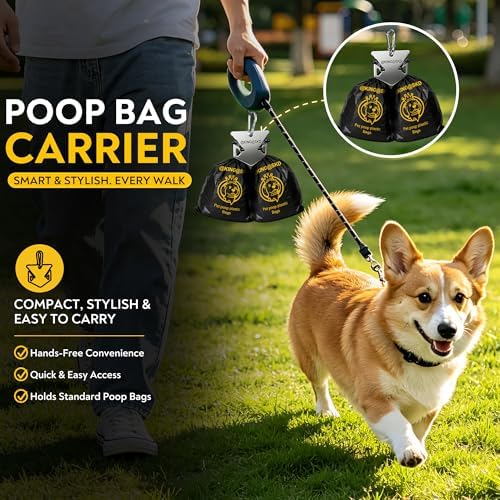 Dog Poop Bags Dispenser Stainless Steel Holder with Pet ID Tag | 555 leak proof bags dispenser and steel holder with writable ID tag for walks training and travel