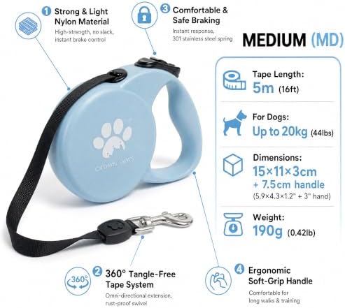 Chew Proof Retractable Dog Leash for Medium Dogs up to 44lbs, 16ft Heavy Duty Dog Lead with Anti-Chewing Steel Wire Rope, Tangle-Free, One-Hand Brake & Lock, Blue M
