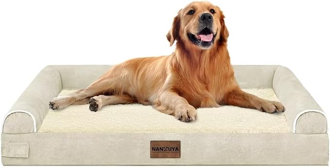 NANUYA Orthopedic Dog Bed for X-Large Dogs, 40 x 32 Inch, Beige | Egg crate foam for joint support, 3-sided bolster pet sofa, waterproof lining, washable cover, and non-skid base