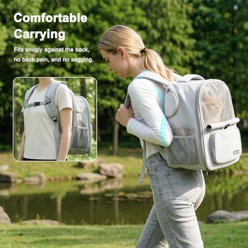 Cat Backpack Carrier Expandable, Breathable Mesh & Lockable Zippers & Shaded Curtains & Multi-Entry, Pet Backpack for Kitty Puppy Small Dogs Up to 18lbs for Travel, Hiking, Car, Vet(Light Grey)