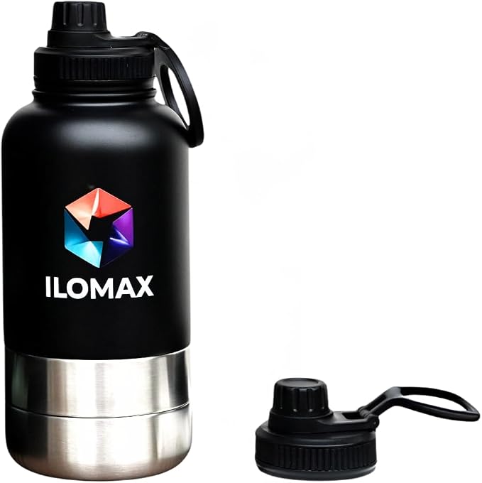 ILOMAX 3-in-1 Insulated Dog Travel Water Bottle, Stainless Steel, with Food & Water Bowls + Extra Magnetic Lid, Leak-Proof, Keeps Drinks Cold 12H/Hot 6H, Portable Hydration, 32oz (Black)