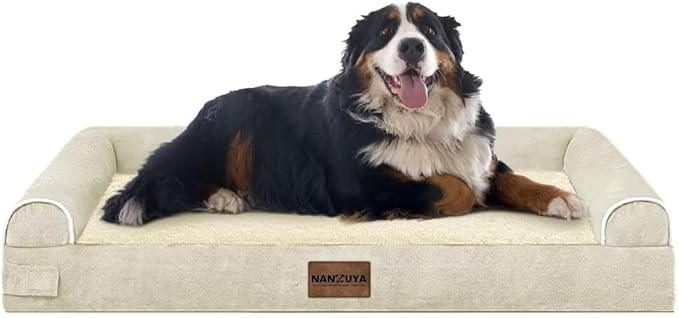 NANUYA Orthopedic Dog Bed for Jumbo Dogs, 53 x 42 Inch, Beige | Egg crate foam for joint support, 3-sided bolster pet sofa, waterproof lining, washable cover, and non-skid base
