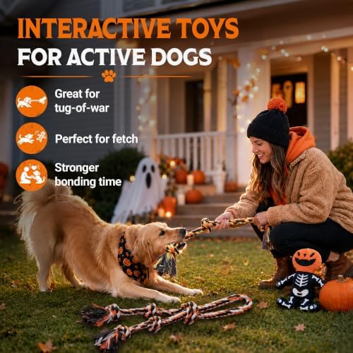 Pacific Pups Products Halloween Dog Toys for Large Dogs — 3-Pack Set | Plush Squeaky Toy + Dog Halloween Rope Toys Benefits Dog Rescue