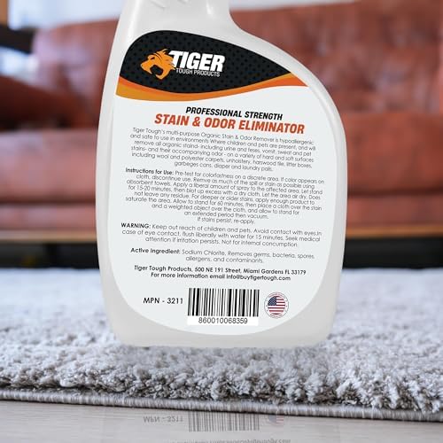 Tiger Tough Products Pet Stain and Odor Remover - Enzyme Cleaner for Home & Professional Use, Stain Dissolver for Carpet, Upholstery, & More - Dog & Cat Urine, Feces, Vomit Eliminator, 32 Ounce Spray