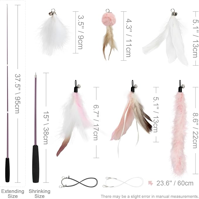 SONGWAY Interactive Cat Feather Toy Set - Retractable Teaser Wand with 6 Pcs Feather Refills with Bell, Cat Wand Toys for Indoor Cats Kittens Play Chase Exercise, Light Pink