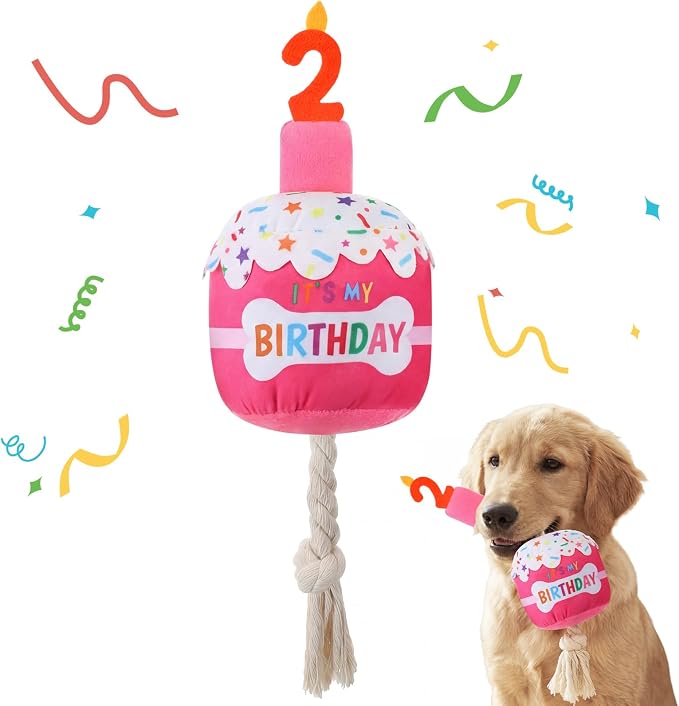 Dansydaisy Dog Birthday Cake Toy Squeaky Plush Toy for Girl Boy Gifts, Chew Accessories for Dog Birthday Party Decor Favor for Large, Medium and Small Dogs(2nd,Rose Pink)