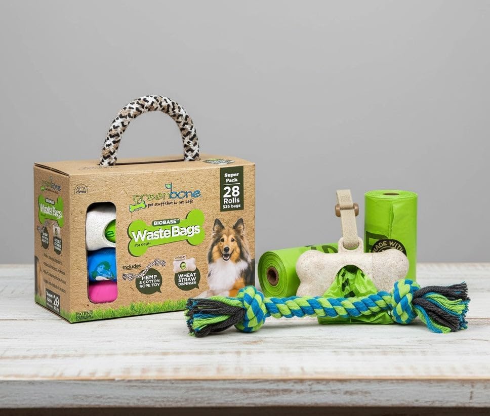Greenbone BioBase Green Dog Poop Bag Refills: 28 Rolls - 336 Bags with Dispenser and Rope Toy Handle- Dog Gift Set