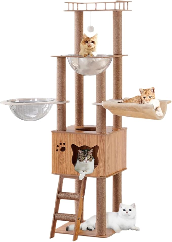 61'' Wooden cat Tree with cat Condo, Cat Stairs Scratching Posts, 2 Bowl,Sisal Scratching Posts,Cozy Cat Hammock and Top Perch. Cat Tree for Large Cats.