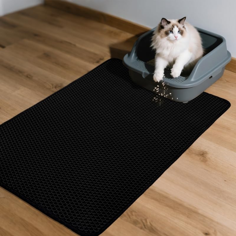 Cat Litter Box Mat- (47" x 27"), Extra Large,Double Layer Honeycomb Pad Rug, Waterproof Cat Litter Trapping Mat, Non-Slip, Easy Clean,Durable,Black