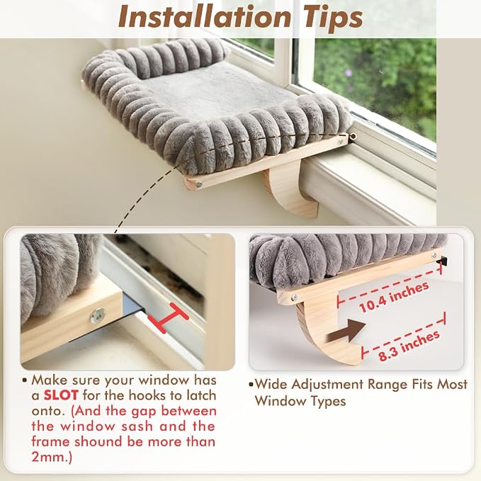 Cloud-Soft Cat Window Sill Perch, Zipper Design Cushion Pet Bed, L | Solid Wood & Sturdy Metal Frame, Machine Washable, Unobstructed Front View, Panoramic and Roomy Cat Hammock for Large Cats