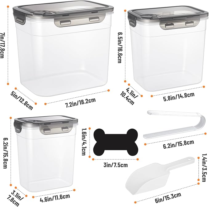 ZooZoo Dog Treat Container, Airtight Pet Food Storage, BPA-Free, 3 Pack | Stackable Transparent Jars In 3 Sizes Keep Snacks Fresh, Wide Mouth Scooping, Labels, Tongs, Marker, Puppy, Cat Supplies