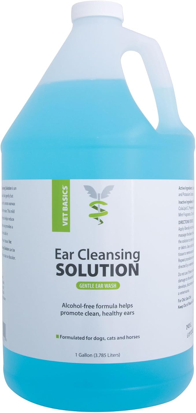 Vet Basics Ear Cleansing Solution for Dogs, Cats, Puppies, Kittens and Horses, Alcohol-Free, Non-Stinging, Deodorizing Pet Ear Wash, Light Mint Fragrance, 1 Gallon