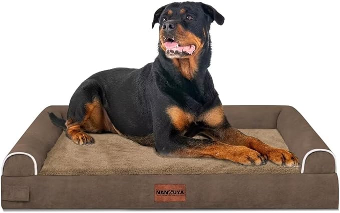 NANUYA Orthopedic Dog Bed for XX-Large Dogs, 44 x 34 Inch, Brown | Egg crate foam for joint support, 3-sided bolster pet sofa, waterproof lining, washable cover, and non-skid base