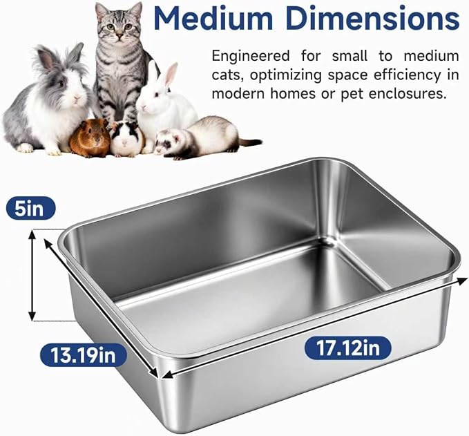 Stainless Steel Cat Litter Box with High Sides, Large Metal Litterbox Pan, Odor-Free & Non-Stick Smooth Surface, Leakproof One-Piece Kitty Litter Tray for Indoor Cats, Kittens, Medium (M Size)