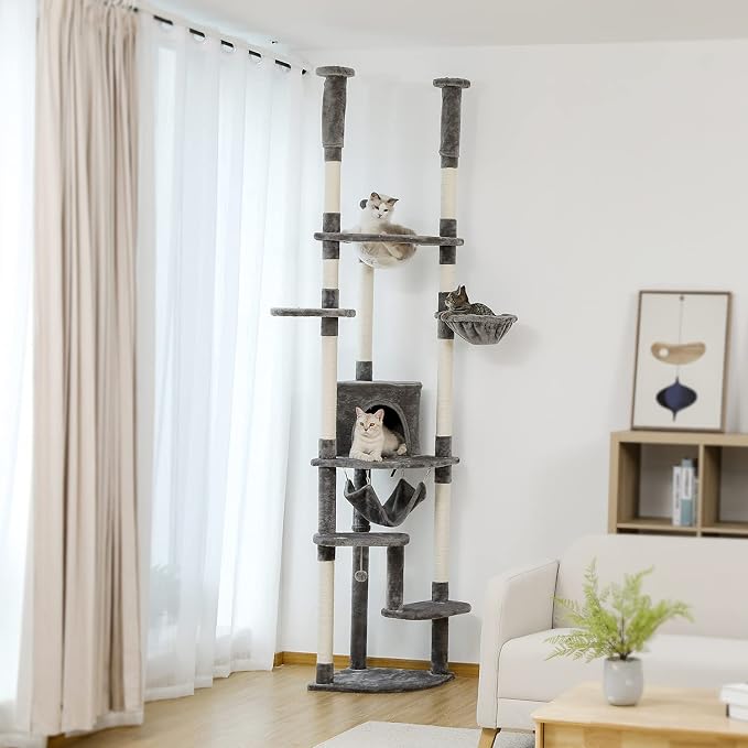PEQULTI Floor to Ceiling Cat Tree, 92.9-101.6in Adjustable Cat Tower, Gray | Adjustable tower braces floor to ceiling; cozy condo, large hammock, perches & 9 sisal posts on fan base with anti-tip strap