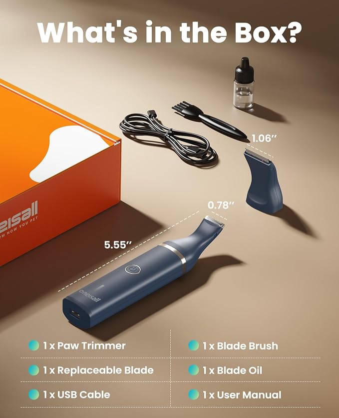 oneisall Dog Paw Trimmer, Small Dog Clippers with Double Blades (Teal) | Low Noise, Gentle Skin-friendly Design, Cordless Precision Pet Hair trimmer for Grooming, for Paws, Eyes, Ears, Face, Rump