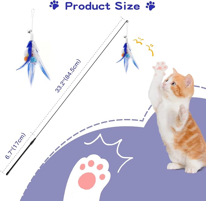 Pawaboo Feather Teaser Cat Toy, Interactive Feather Wand Cats Toy Flying Feathers Cat Catcher with Extra Long 34.5" Wand and Small Bell, Exerciser Playing Toys for Kitten or Cats, Blue
