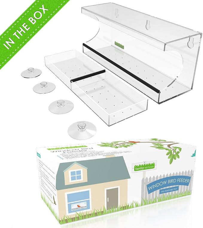 Window Bird Feeder with Strong Suction Cups – Clear Acrylic See Through Design, Removable Tray with Drain Holes, Extra Wide Perch for Viewing, Window Mounted for Cats, Balcony Apartment Bird Watching