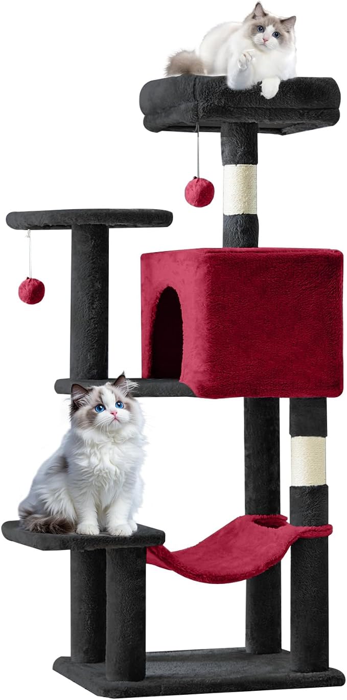 44 Inch Small Cat Tree Tower for Indoor Cats and Kittens | Multi-Level Cat Climbing Tower with Natural Sisal Scratching Post and Hammock, Pet Condo, Black and Red
