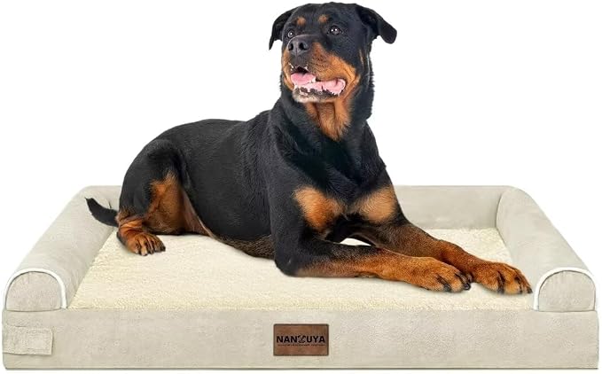 NANUYA Orthopedic Dog Bed for XX-Large Dogs, 44 x 34 Inch, Beige | Egg crate foam for joint support, 3-sided bolster pet sofa, waterproof lining, washable cover, and non-skid base