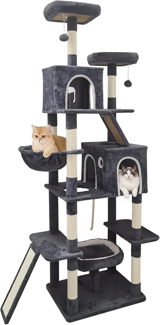 89 inch Cat Tree Tower - Extra Tall Multi-Level Cat Furniture with 2 Cozy Condos, Natural Sisal Scratching Posts, Plush Perches and Hammock for Large Indoor Cats (Dark Gray)