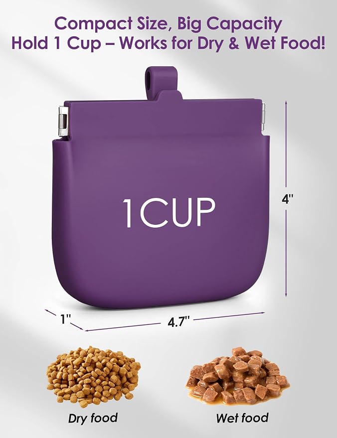 1 Cup Silicone Dog Training Treat Pouch(Purple) | Clip on Leash or Belt Loop, One-Hand Access with Pull Tab, Small Pocket Sized, Auto Closing Lid for Pet Training & Walking