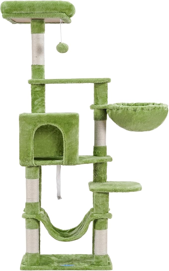 Hey-brother Cat Tree, Multi-Level Sisal Covered Scratching Posts, MPJ050GR | 60.6 Inches Tower with Condo, Large Hammock, Top Perch, Toy Ball for Indoor Multi-Cats Households, Green