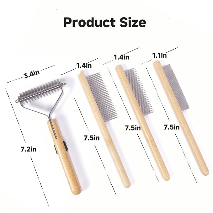 Cat Undercoat Rake and Dematting Comb, 4-in-1 Bamboo Grooming Kit for Long Haired Indoor Cats, Detangling Deshedding Brush for Matted Fur, Shedding Tool for Dogs