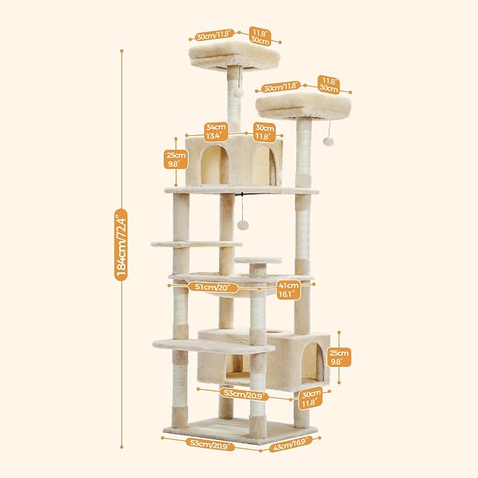 PAWZ Road 72" Cat Tree, Tall Cat Tower with Hammock& Condos for Large Cats | 20"x16" hammock for adult cats, cat tower with 7 scratching posts&pad, dual top perch and large condo for big cats