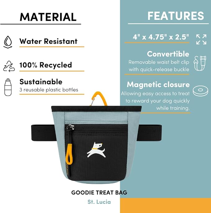 Goodie Treat Bag, Dog Treat Training Pouch | Magnetic Closure | 3 Ways to Wear | Hands-Free Waist Belt | Water-Resistant Recycled Vegan Fabric (St. Lucia)