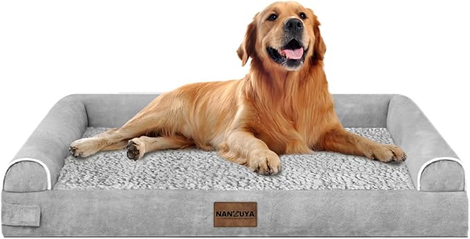 NANUYA Orthopedic Dog Bed for X-Large Dogs, 40 x 32 Inch, Light Grey | Egg crate foam for joint support, 3-sided bolster pet sofa, waterproof lining, washable cover, and non-skid base