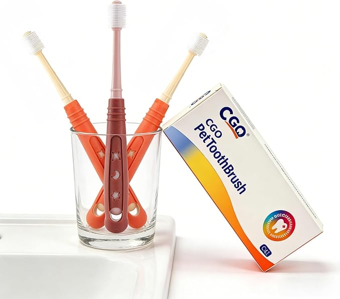 CGO Silicone 360° Toothbrush for Small Dogs & Cats - 3 Pack Round Head Pet Toothbrush, Gentle Chewable Brush with Soft Bristles, Dental Care Kit for Puppy Kitten Oral Hygiene (2 Orange, 1 Brown)