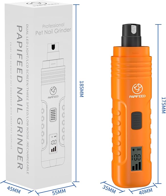 PAPIFFEED Dog Nail Grinder with LCD Display – Quiet Electric Nail Trimmer with Dual LED Light, Safe for Black & Thick Nails, Rechargeable for Small Medium Large Dogs & Cats (Orange)
