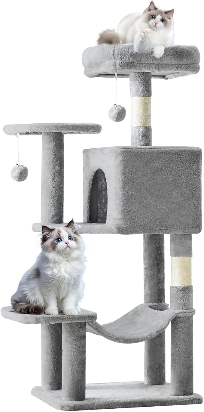 44 Inch Small Cat Tree Tower for Indoor Cats and Kittens | Multi-Level Cat Climbing Tower with Natural Sisal Scratching Post and Hammock, Pet Condo, Light Grey