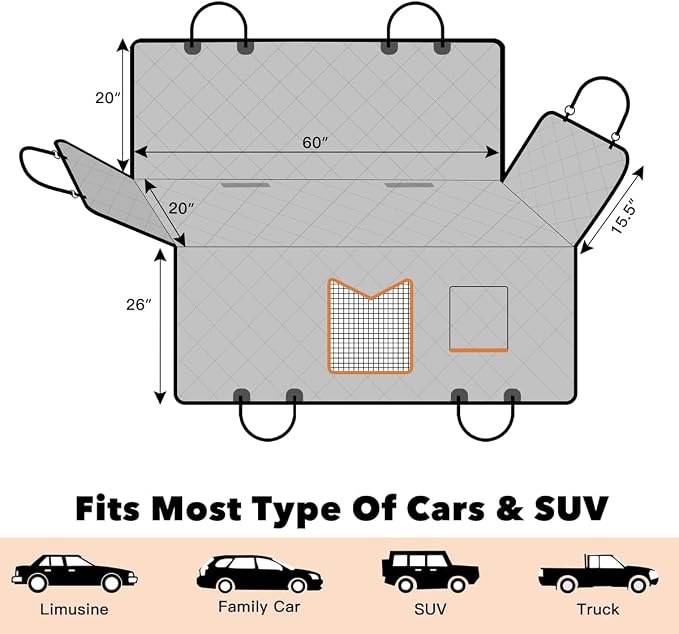 Kytely Dog Car Seat Cover XL, Heavy Duty Dog Seat Cover for Back Seat, 100% Waterproof Nonslip Hammock for Car with Side Flap, Scratch Proof Pet Back Seat Covers