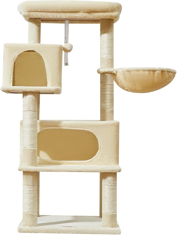 Taoqimiao Cat Tree, 49In Cat Tower for Indoor Cats Large Adult | 2 Luxurious Cat Condos, Thick Padded Top Perch, Adjustable Hanging Baskets, 5 Scratching Sisal Posts, Beige MS029LM