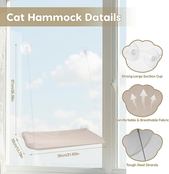 Cat Window Perch, Hanging Cat Hammock for Window, Foldable Cats Windows Bed with 4 Suction Cup, Windows Hammock for Cats Inside Perch Hold up to 44 Pounds Two Pets (Khaki, L)