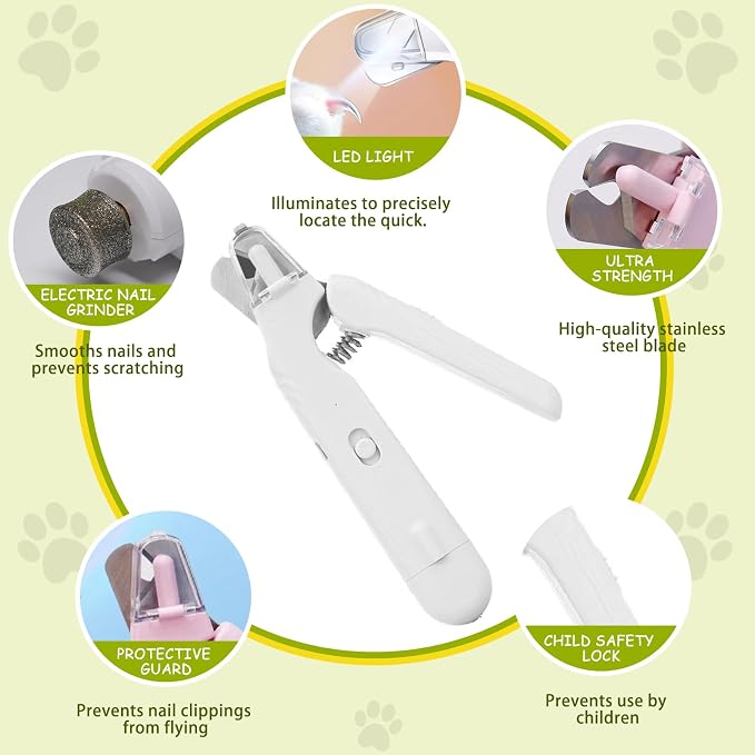 2‑in‑1 Dog & Cat Nail Clipper Grinder with 2 LED Lights, Safe Painless Pet Nail Trimmer Avoid Cutting Bloodline, Quiet Type‑C Rechargeable for Medium Small Dogs Cats Small Animals