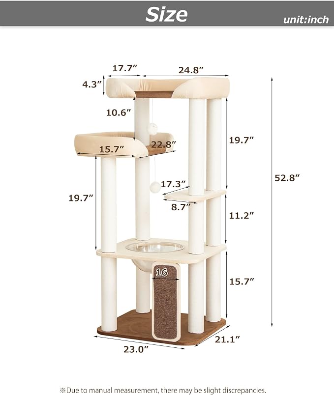 53'' Cat Tree for Large Cat, Modern Senior Friendly Cat Tower with Wide Shelves Low Step, Cotton Scratching Posts, Super Sturdy Base, Cozy Perches, and Interactive Toys (White)