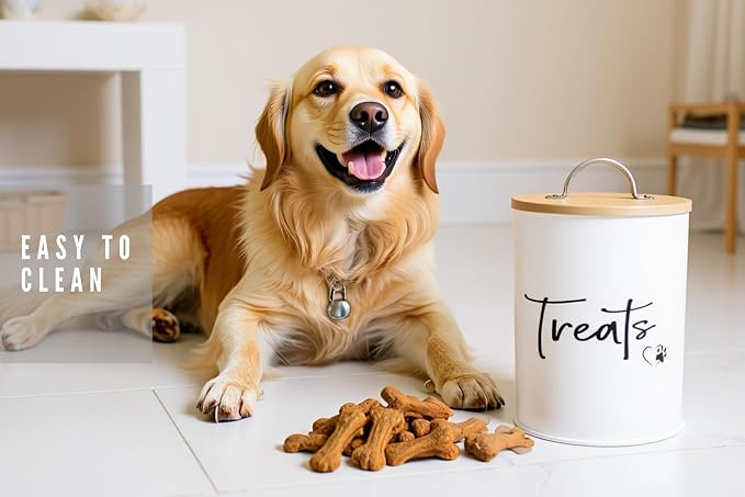 White Dog and Cat Treat Container with Easy to Open Bamboo Lid, 98 oz/12 cups