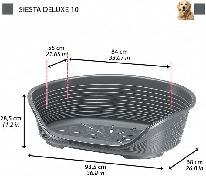 Ferplast Cat Bed, Plastic Dog Bed Large, Ventilation Holes and Non-Slip Rubber Feet for Added Stability 93,5 x 68 x h. 28,5 cm. Dark Grey