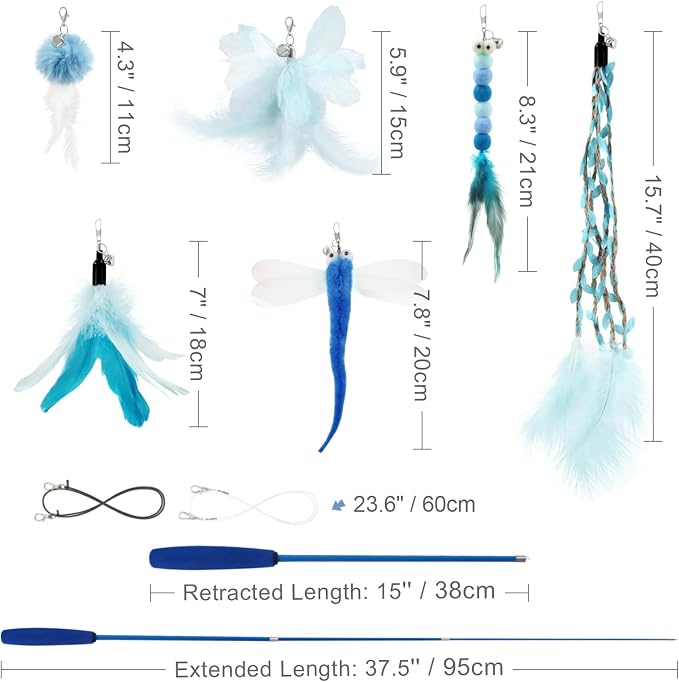 SONGWAY Cat Wand Toys for Indoor Cats - Cat Toy Set with Retractable Teaser Wand and 6 PCS Fairy Feather Toy Refills, Dragonfly Tassel Plush Cat Toys Interactive, Blue