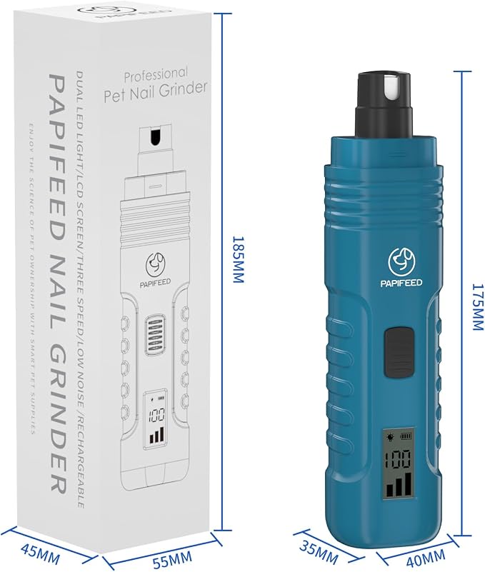 PAPIFFEED Dog Nail Grinder with LCD Display – Quiet Electric Nail Trimmer with Dual LED Light, Safe for Black & Thick Nails, Rechargeable for Small Medium Large Dogs & Cats (Blue)