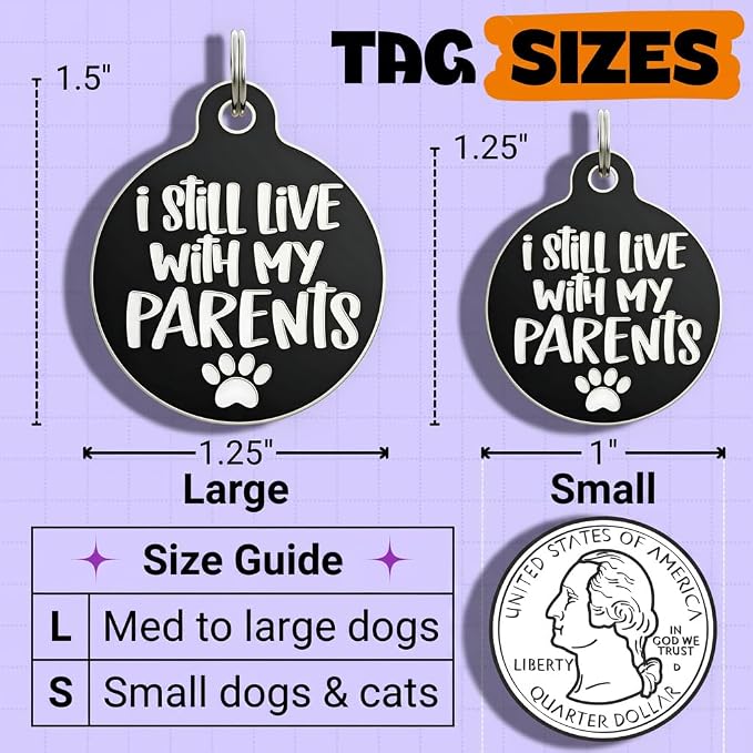 Bad Tags Personalized Dog and Cat ID Tags in 25+ Designs and 2 Sizes - 5 Lines of Custom Engraved Text - Funny Cute Personalized Pet Tags (I Still Live with My Parents, Large (1.25 inch))